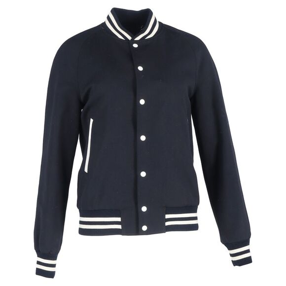 Sandro Paris Striped Varsity Jacket in Navy Blue Polyester - Picture 1 of 6